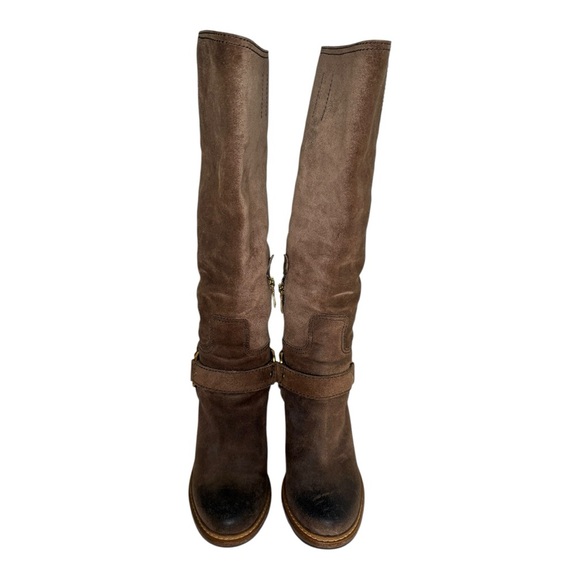Rare PRADA Knee High Brown Suede Lug Sole Block Heel Harness Boots Size 7 - Picture 5 of 8
